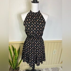 Aritzia Wilfred XXS Black Floral Halter Mini Dress Fairycore Coquette Chic Aline